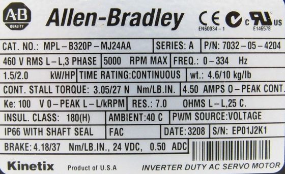ALLEN-BRADLEY MPL-B320P-MJ22AA 키네틱스 MPL 저역압 서보 모터
