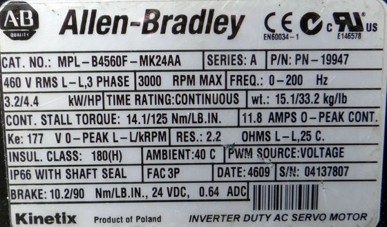 ALLEN-BRADLEY MPL-B4560F-MK24AA MPL 시리즈 MPL 480V AC 회전 서보 모터