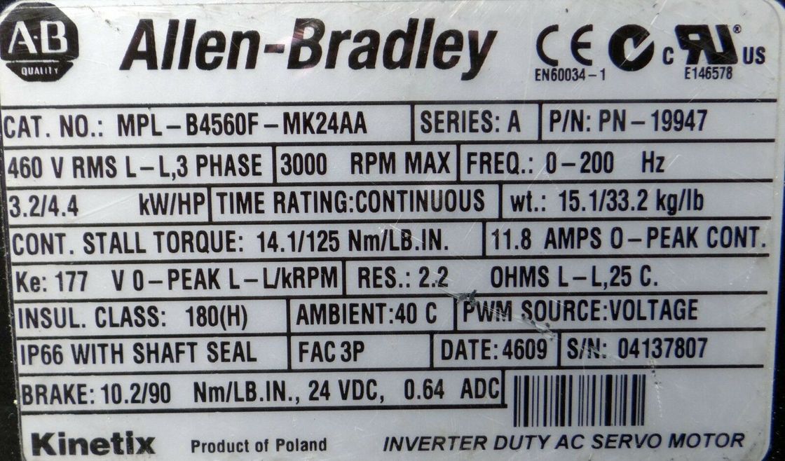 ALLEN-BRADLEY MPL-B4560F-MK24AA MPL 시리즈 MPL 480V AC 회전 서보 모터